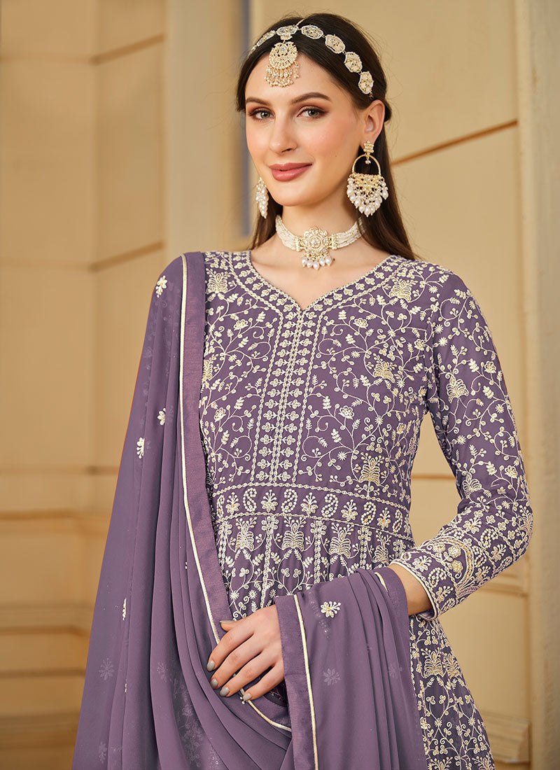 Purple Thread Embroidery Georgette Anarkali Suit