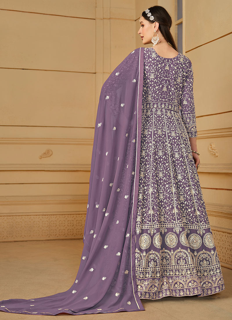 Purple Thread Embroidery Georgette Anarkali Suit