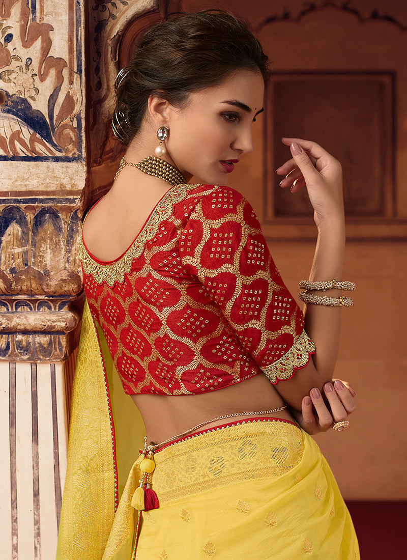 Yellow And Red Sequence Embroidery Saree