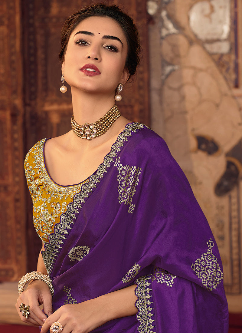 Purple And Yellow Sequence Embroidery Saree