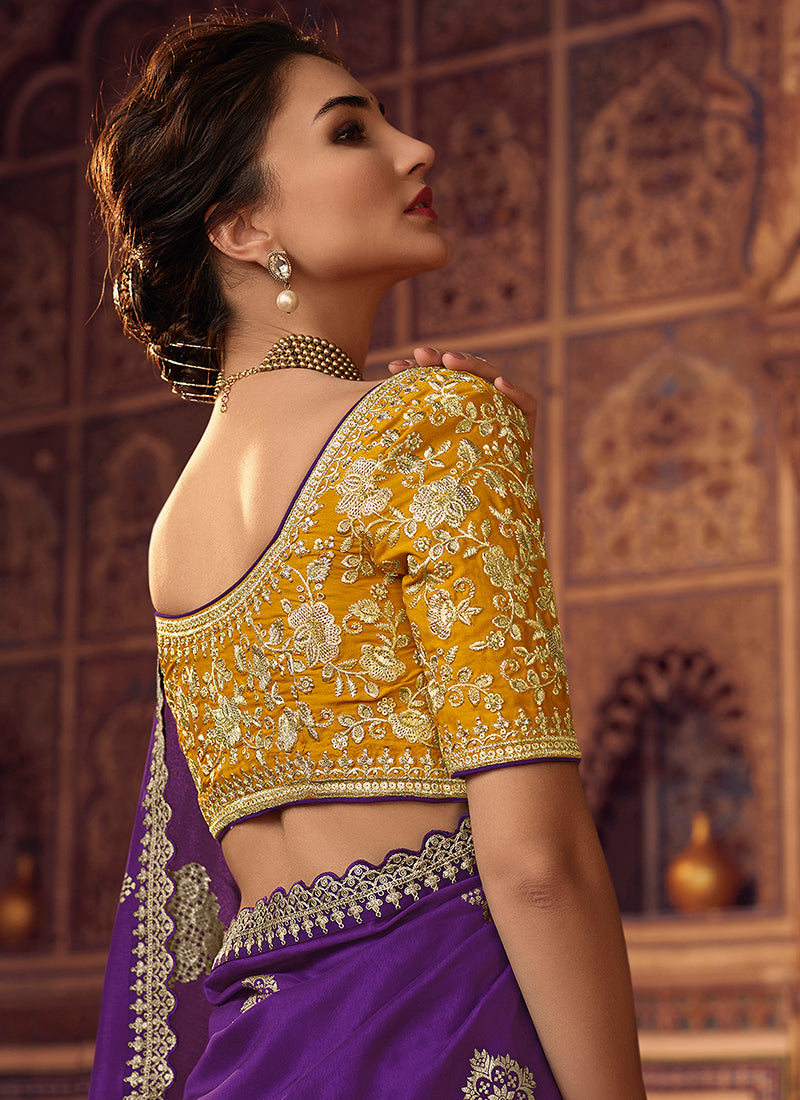 Purple And Yellow Sequence Embroidery Saree