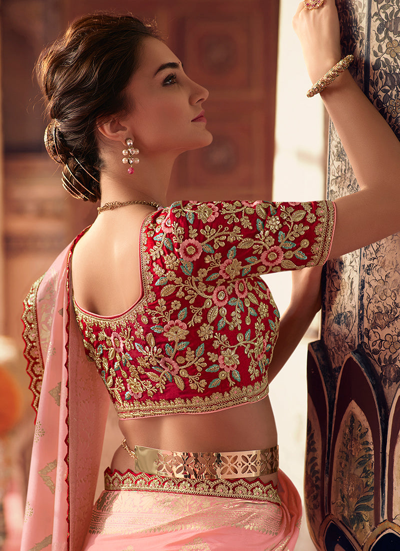 Pink And Red Sequence Embroidery Saree