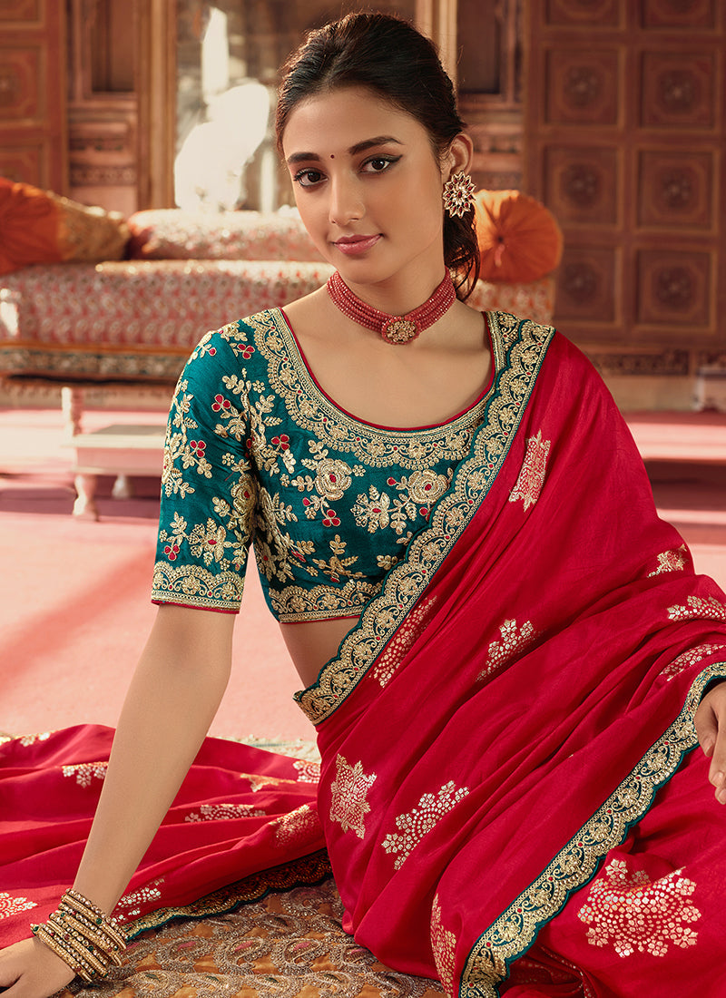 Red And Turquoise Sequence Embroidery Saree