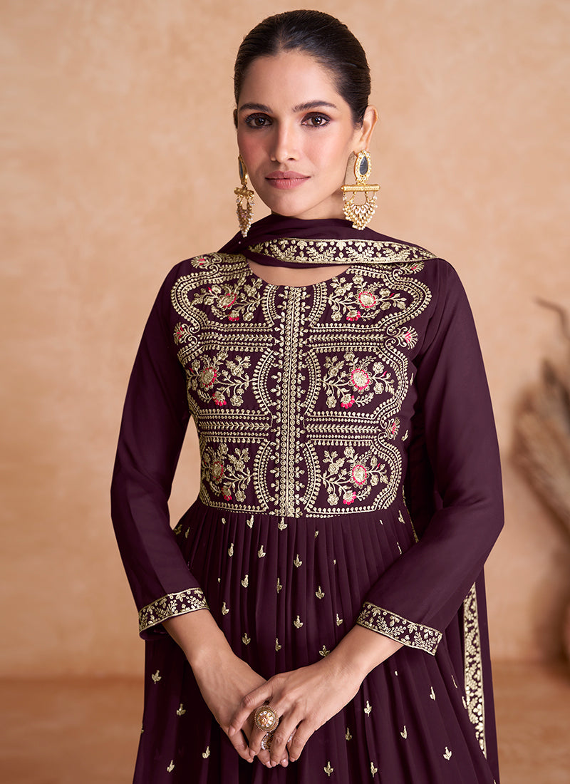 Deep Wine Multi Embroidered Wedding Anarkali Lehenga Suit