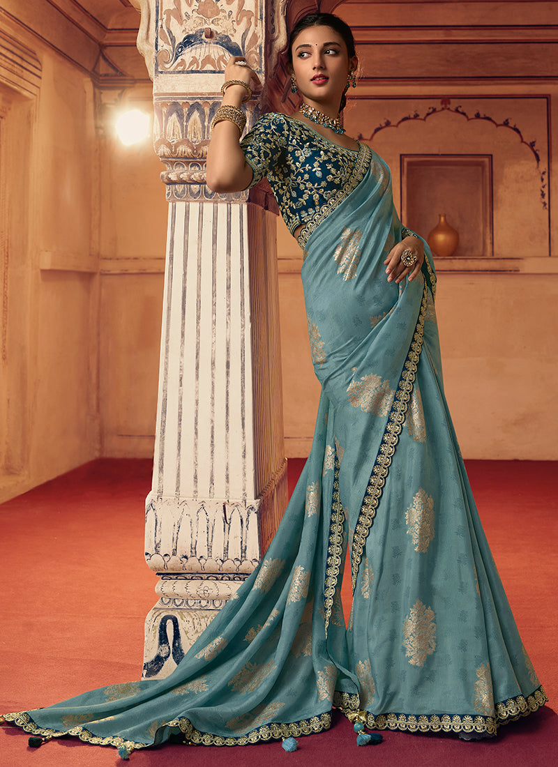 Blue Dual Tone Sequence Embroidery Saree