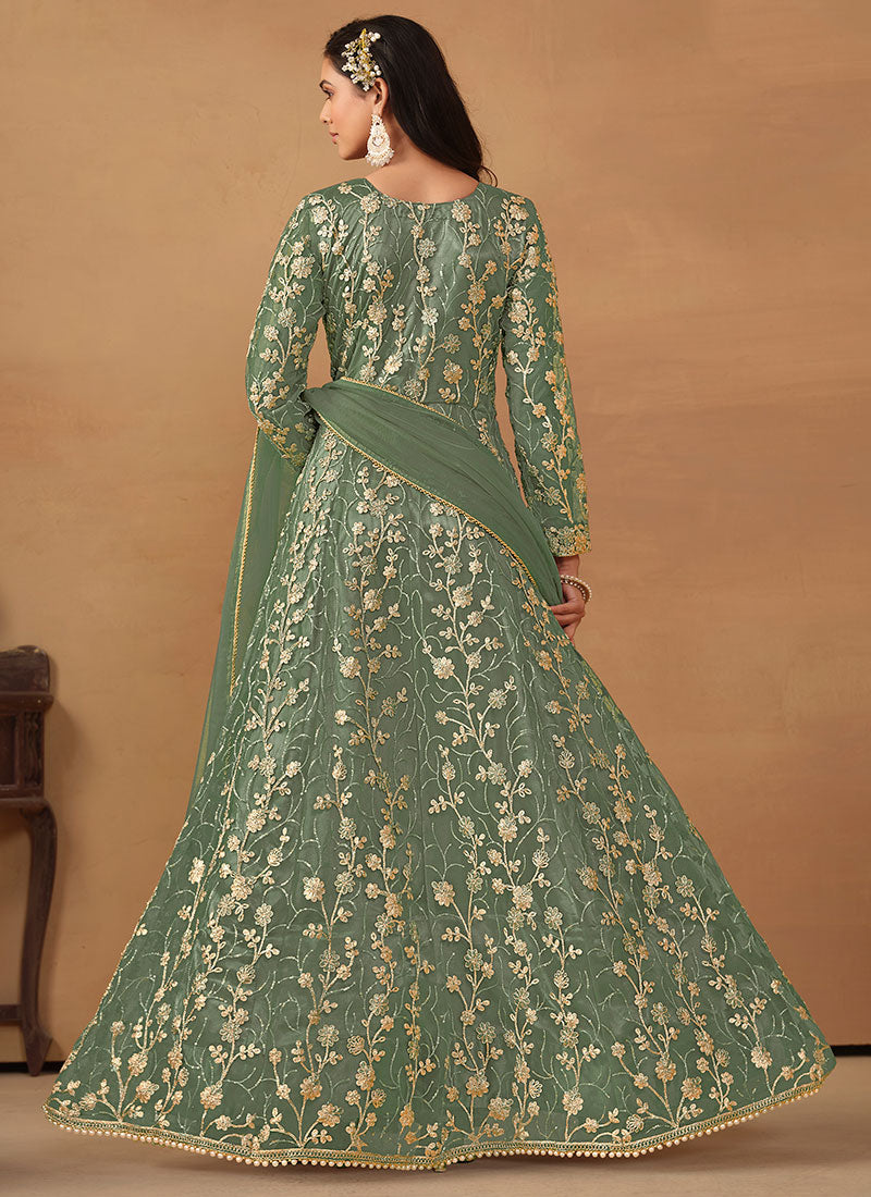 Teal Blue Cording Embroidery Slit Style Anarkali Pant Suit