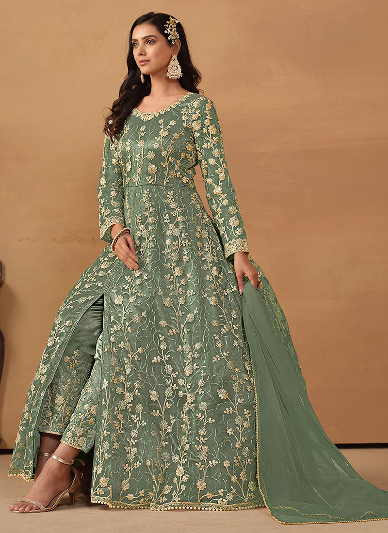 Teal Blue Cording Embroidery Slit Style Anarkali Pant Suit