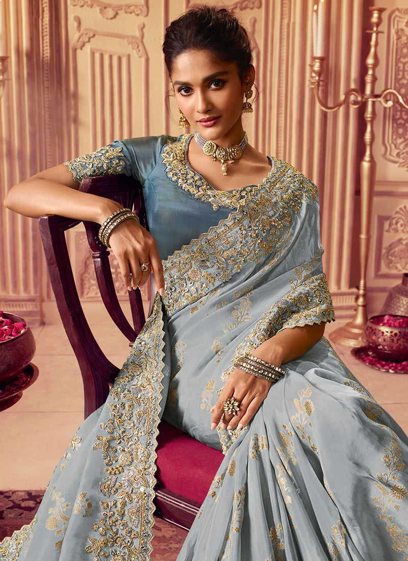 Blue Golden Sequence Embroidered Wedding Saree