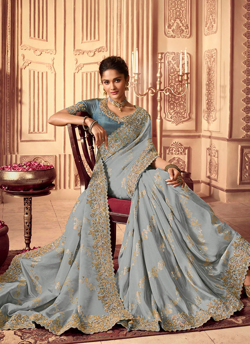 Blue Golden Sequence Embroidered Wedding Saree