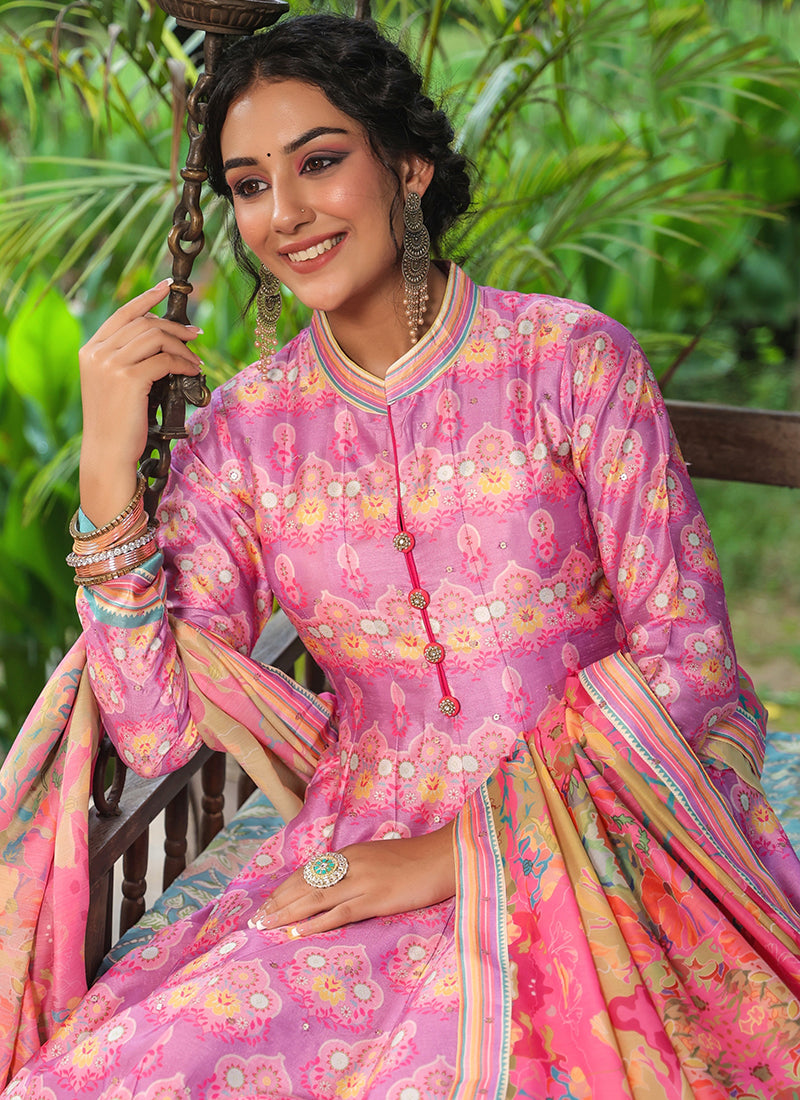 Pink Sequence Embroidery Digital Printed Anarkali Suit