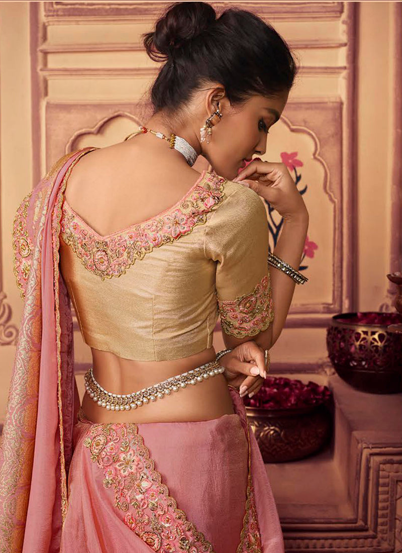 Pink And Cream Golden Sequence Embroidered Wedding Saree