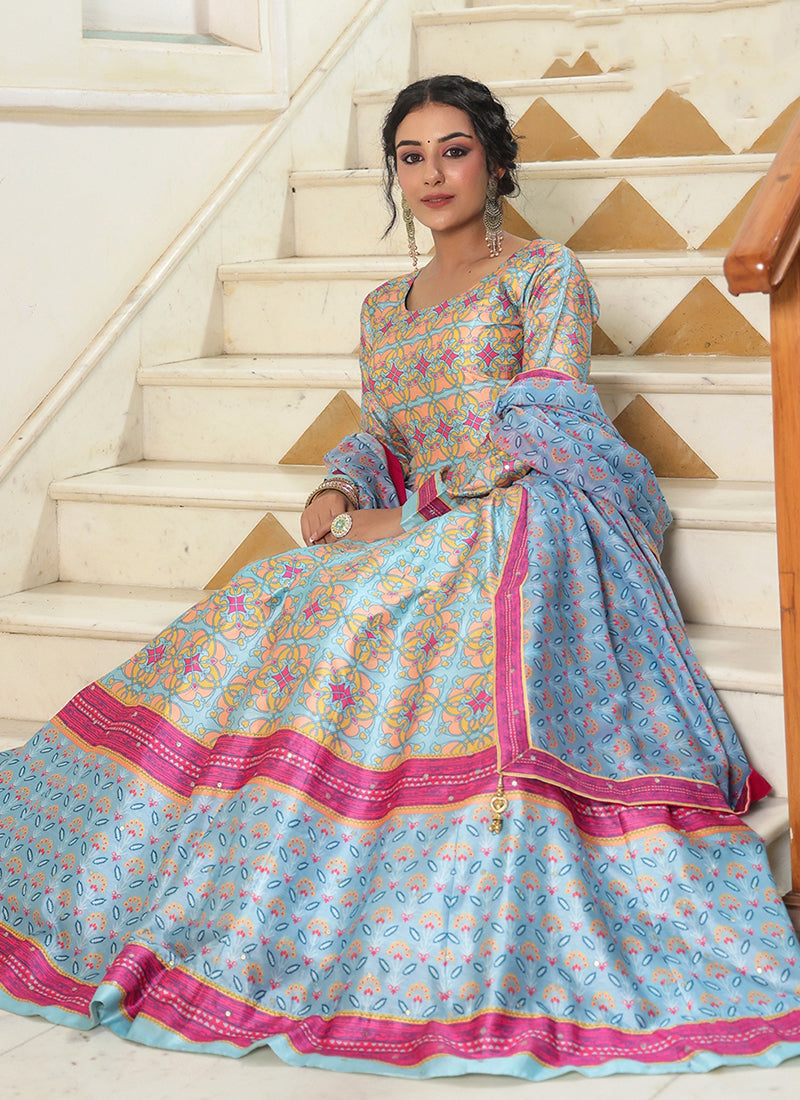 Blue Sequence Embroidery Digital Printed Anarkali Suit