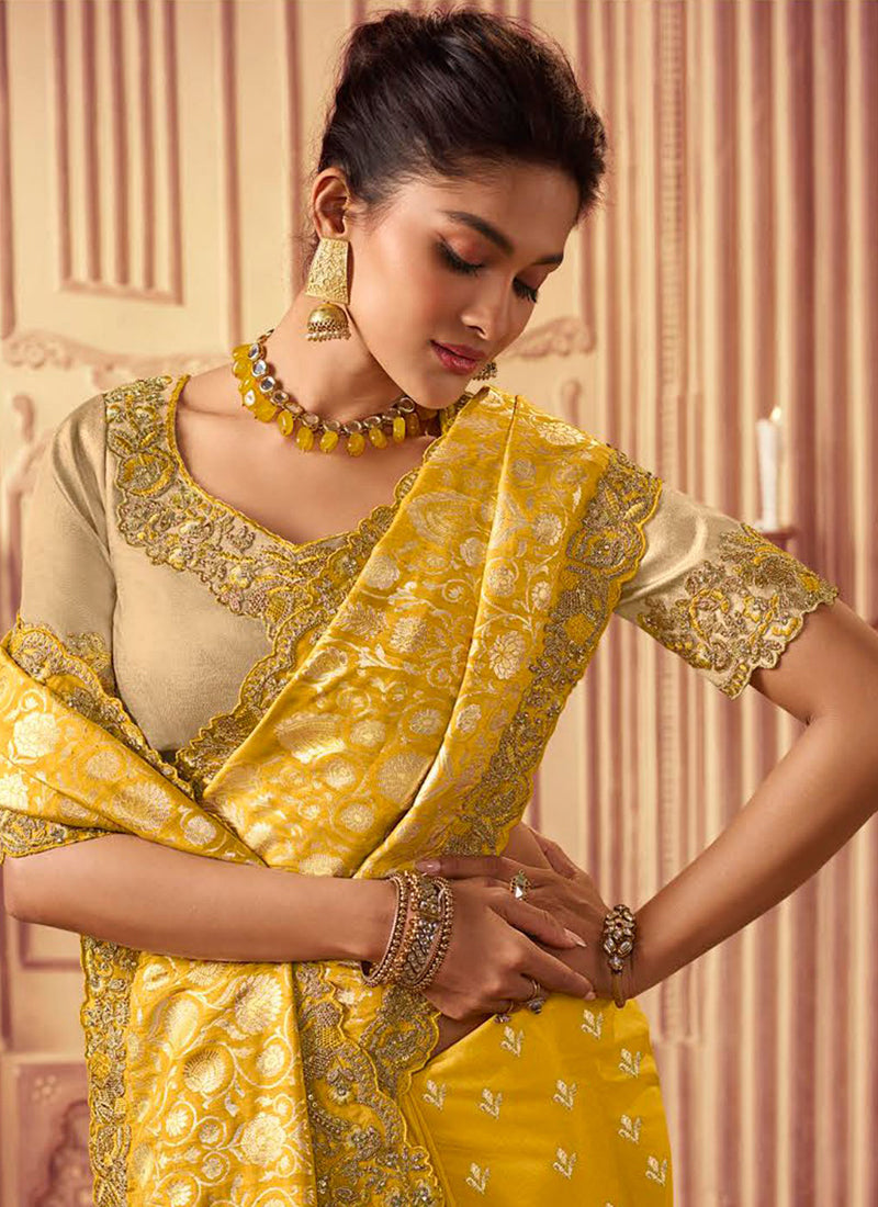 Yellow Golden Sequence Embroidered Wedding Saree