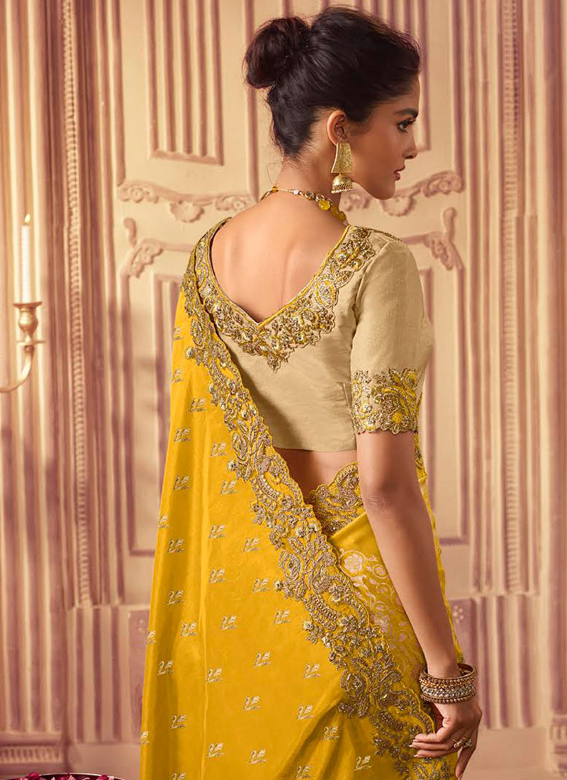 Yellow Golden Sequence Embroidered Wedding Saree