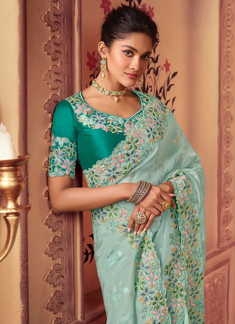 Sea Green Golden Sequence Embroidered Wedding Saree