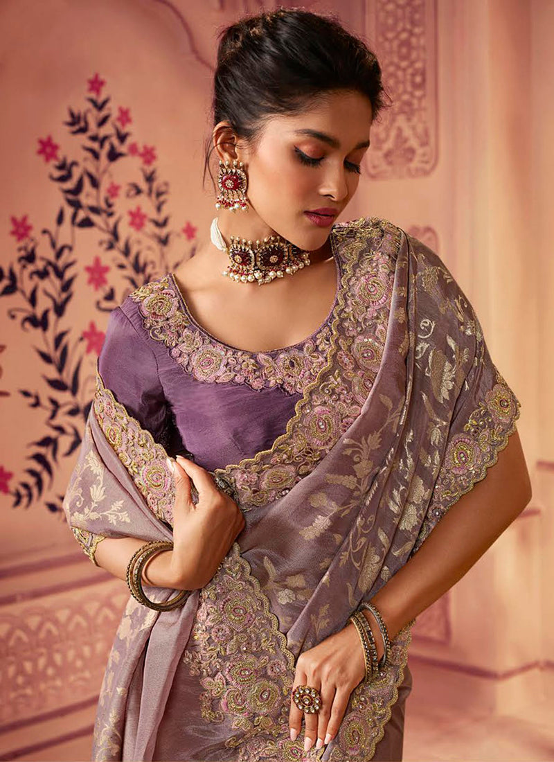 Purple Golden Sequence Embroidered Wedding Saree