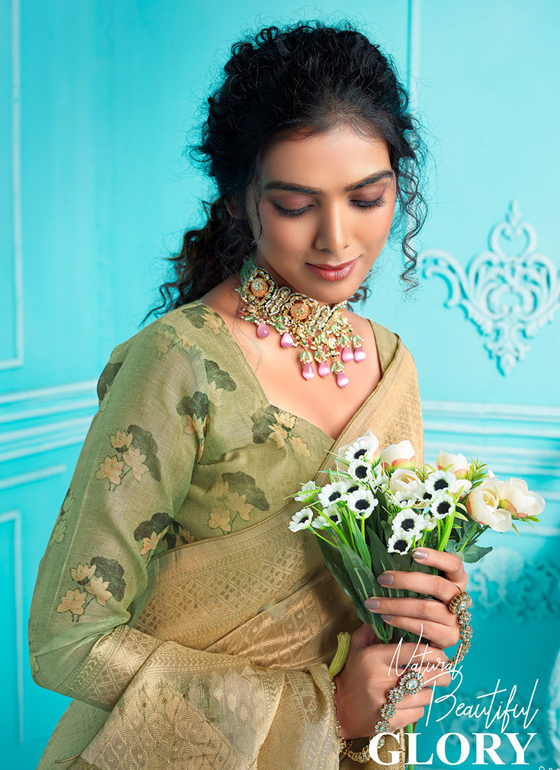 Light Green Floral Digital Printed Organza Silk Saree