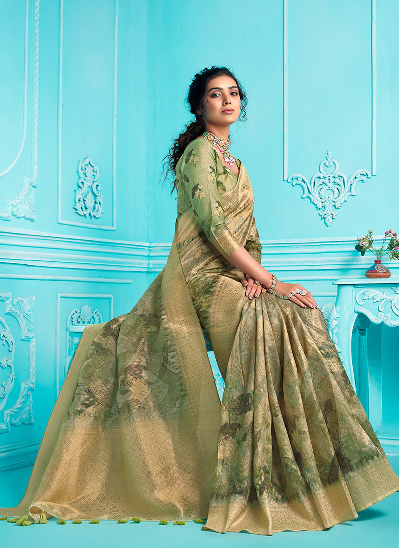 Light Green Floral Digital Printed Organza Silk Saree