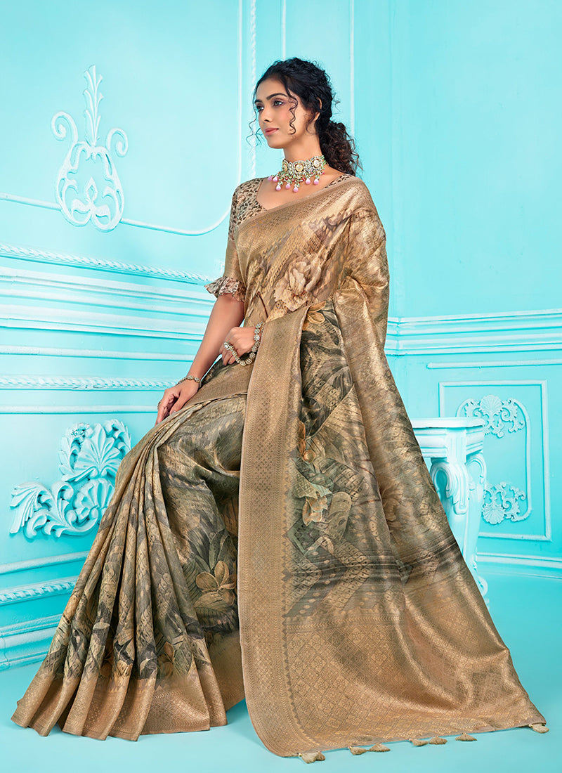 Olive Green Floral Digital Printed Organza Silk Saree