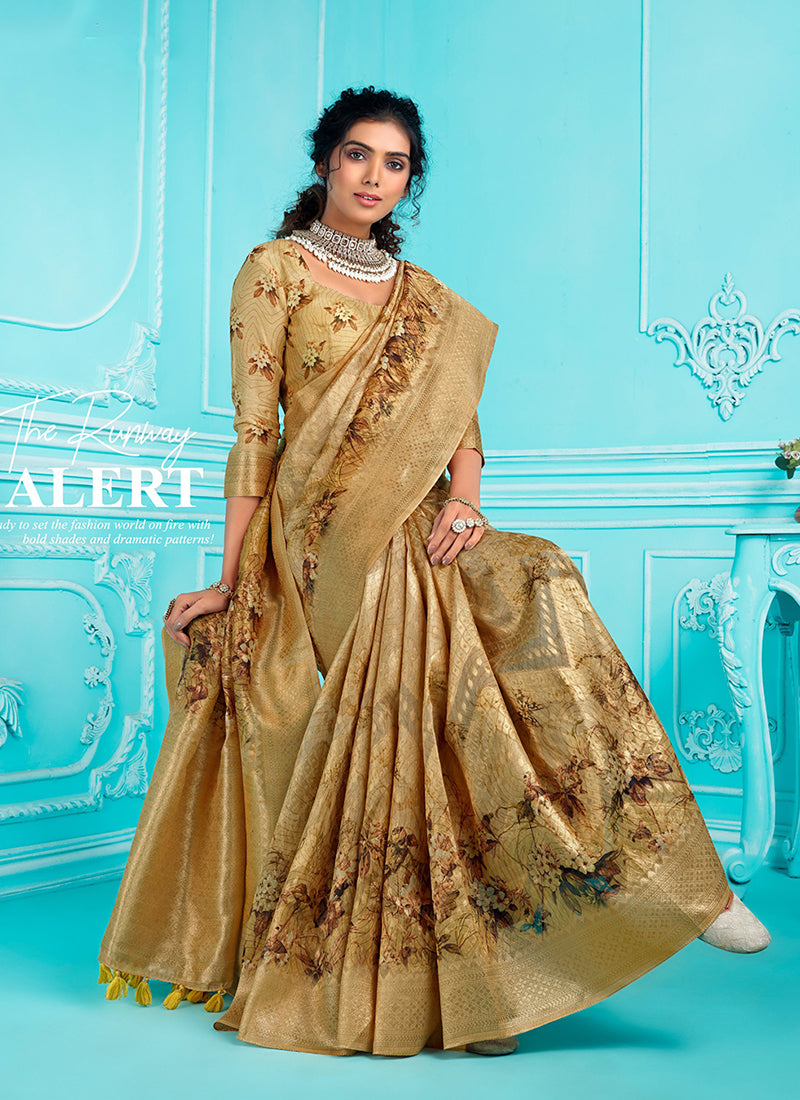 Yellow Floral Digital Printed Organza Silk Saree