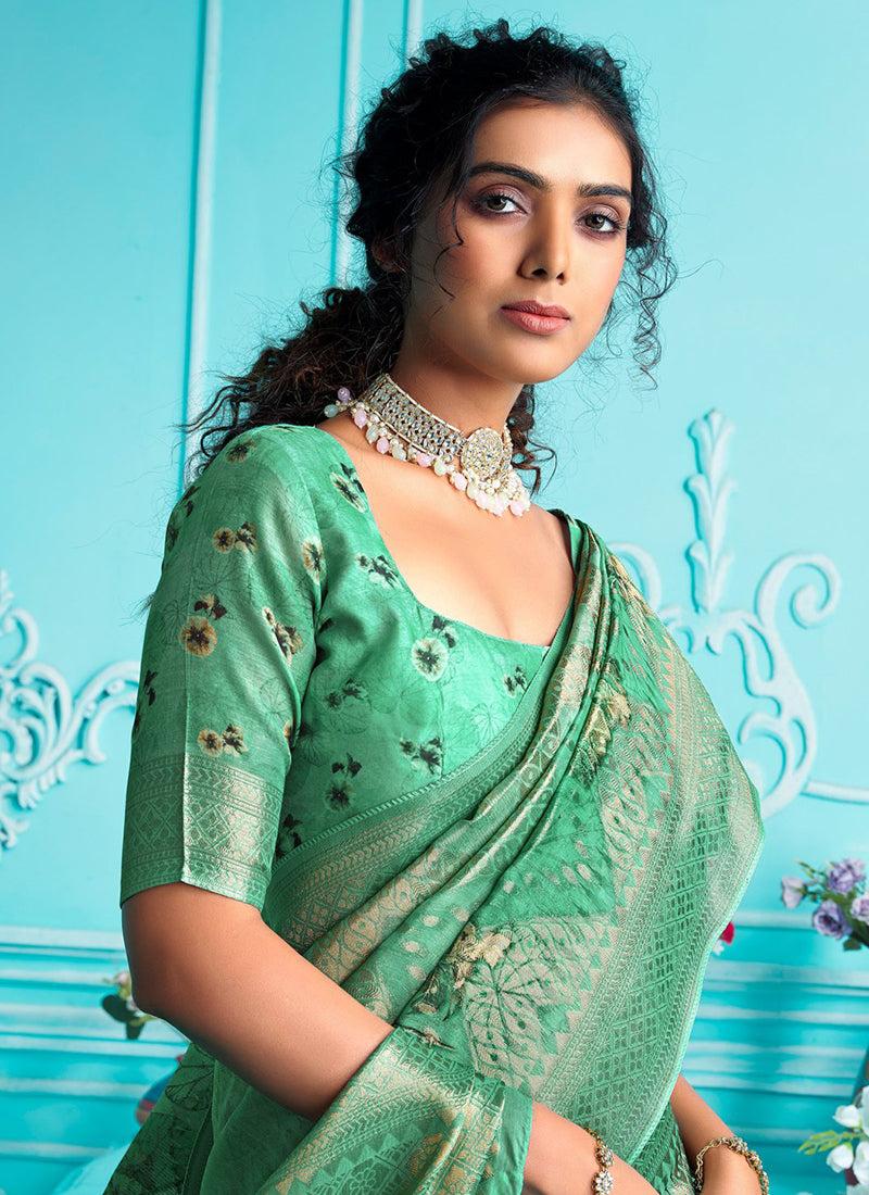 Green Floral Digital Printed Organza Silk Saree