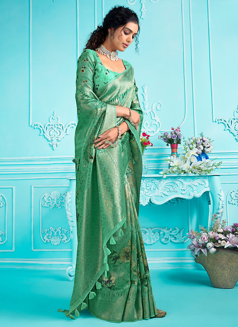 Green Floral Digital Printed Organza Silk Saree