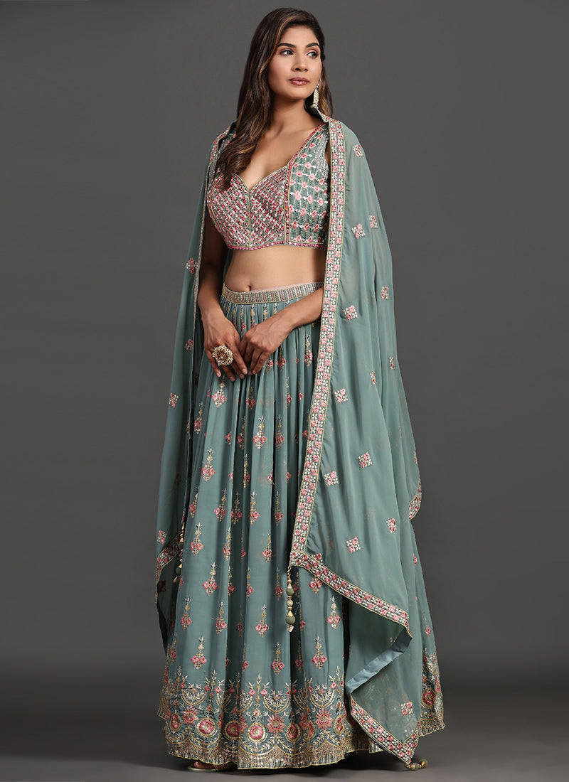 Teal Blue Multi Embroidery Traditional Lehenga Choli