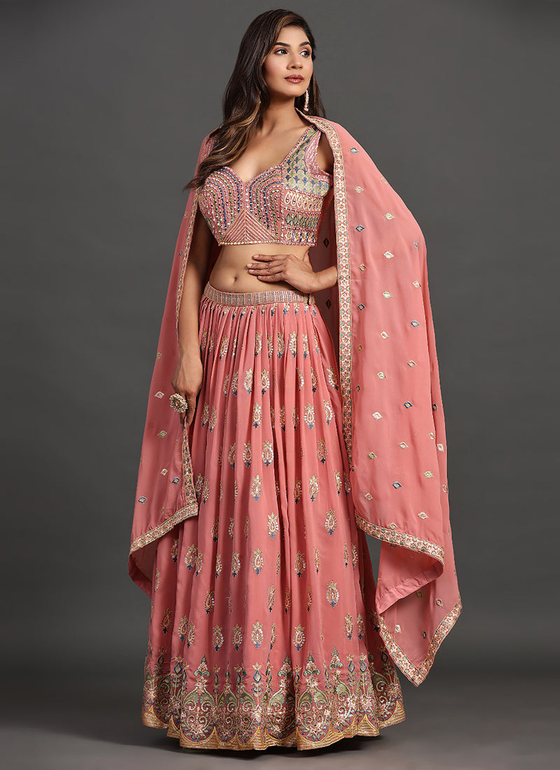 Peach Multi Embroidery Traditional Lehenga Choli