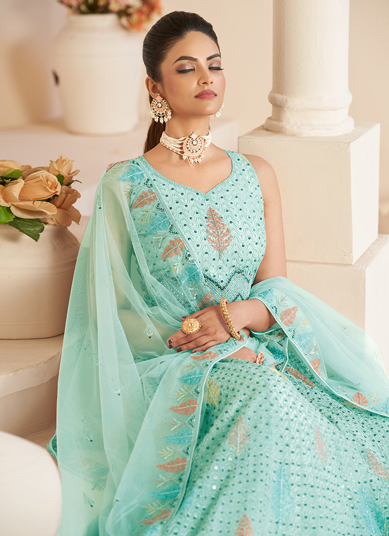 Aqua Blue Sequence Embroidery Festive Lehenga Choli