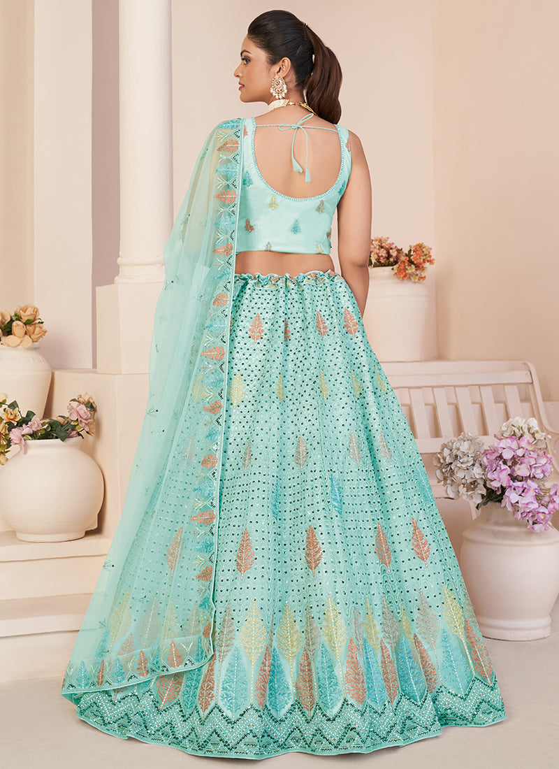 Aqua Blue Sequence Embroidery Festive Lehenga Choli