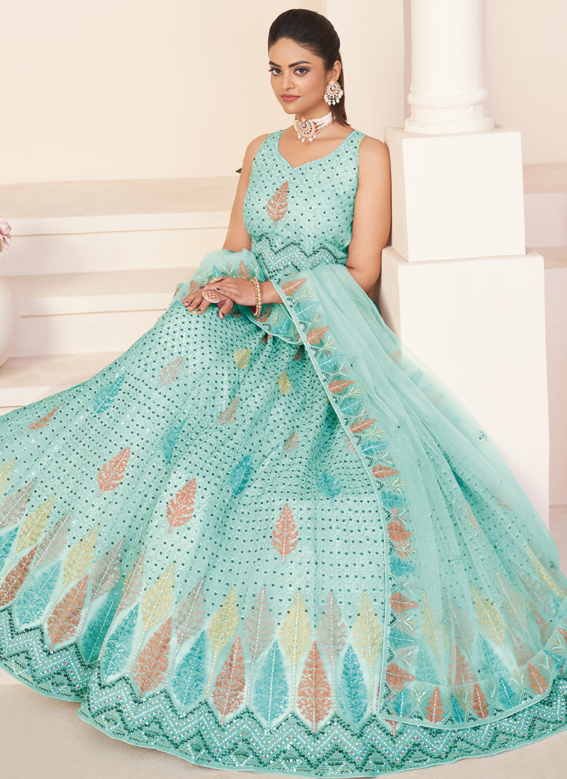 Aqua Blue Sequence Embroidery Festive Lehenga Choli