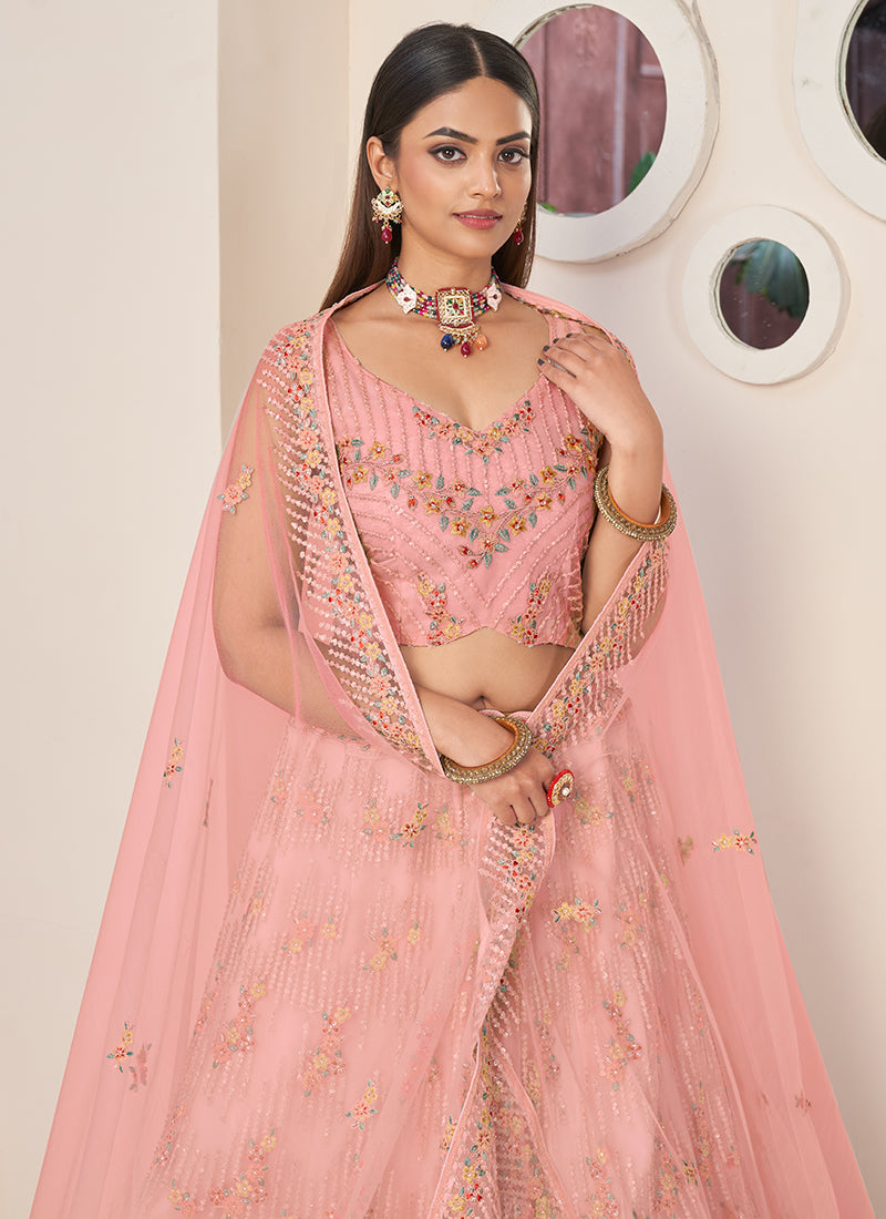 Peach Multi Sequence Embroidery Festive Lehenga Choli