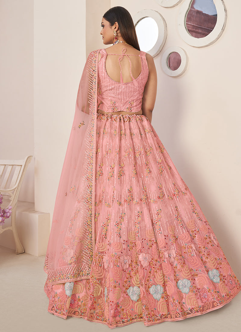 Peach Multi Sequence Embroidery Festive Lehenga Choli