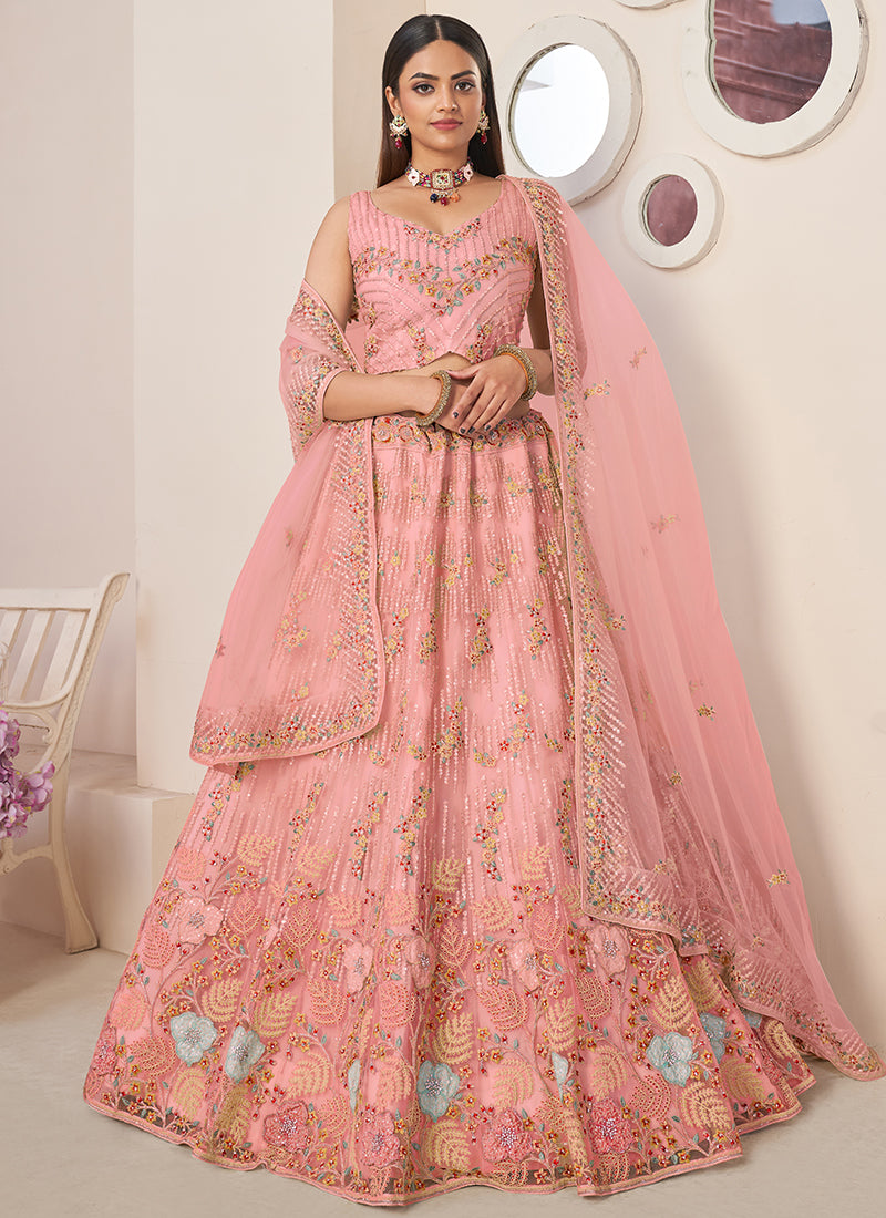 Peach Multi Sequence Embroidery Festive Lehenga Choli