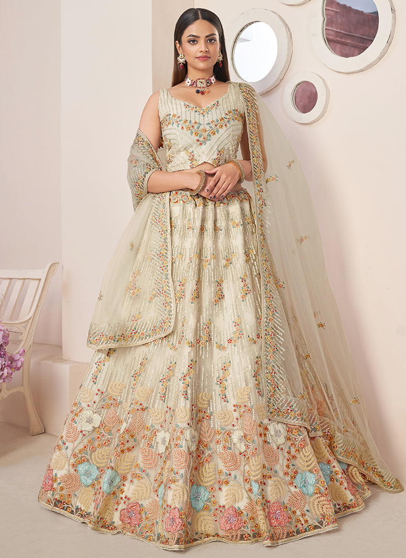 Cream White Multi Embroidery Festive Lehenga Choli