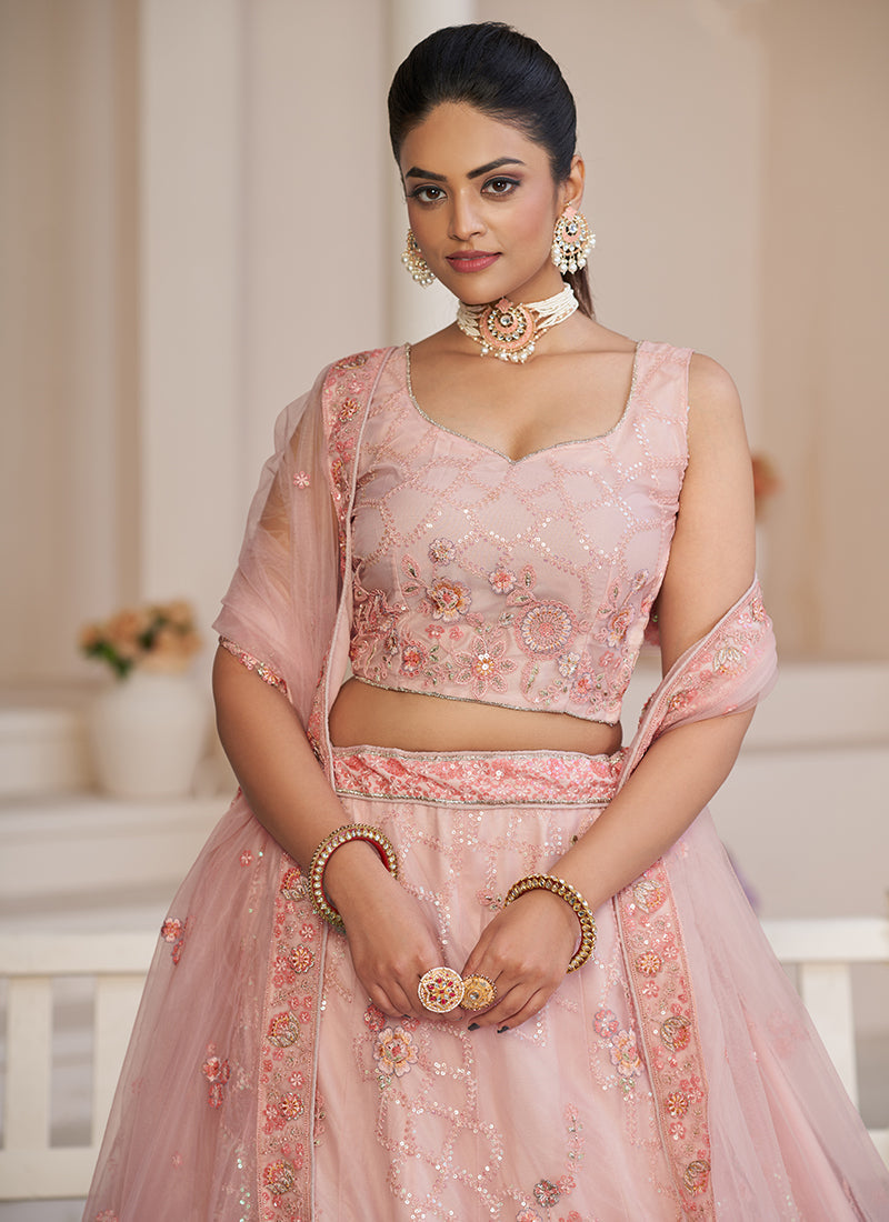 Light Pink Sequence Embroidery Lehenga Choli