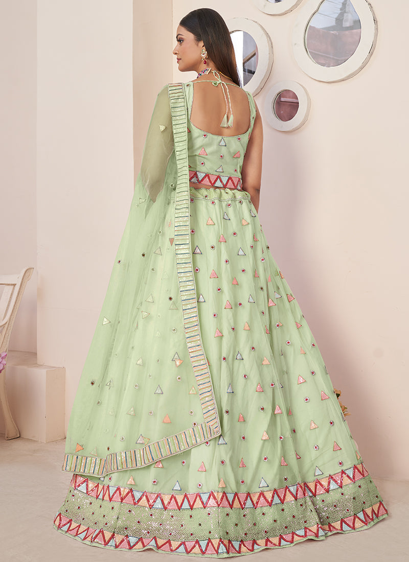 Pale Green Sequence Embroidery Festive Lehenga Choli