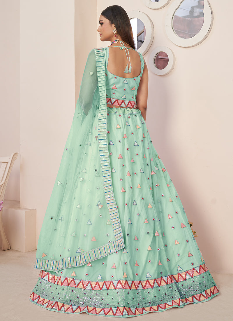 Cyan Green Sequence Embroidery Festive Lehenga Choli