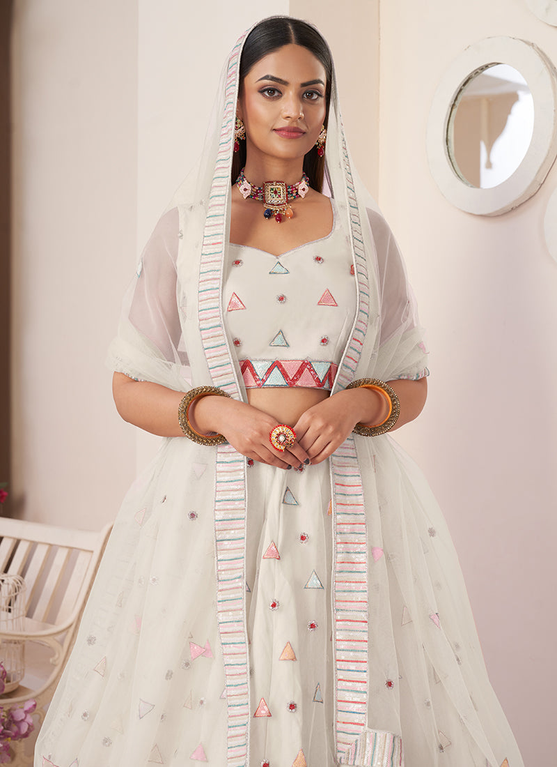 Dove White Sequence Embroidery Festive Lehenga Choli