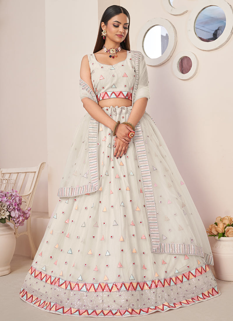 Dove White Sequence Embroidery Festive Lehenga Choli