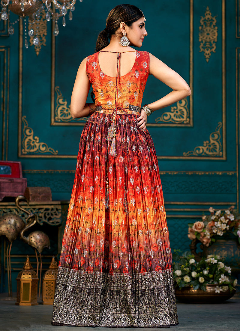 Red And Black Printed Traditional Anarkali Gown