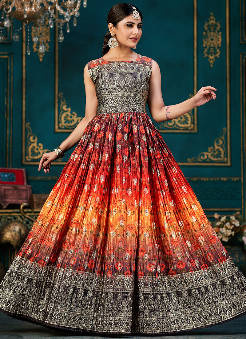 Red And Black Printed Traditional Anarkali Gown