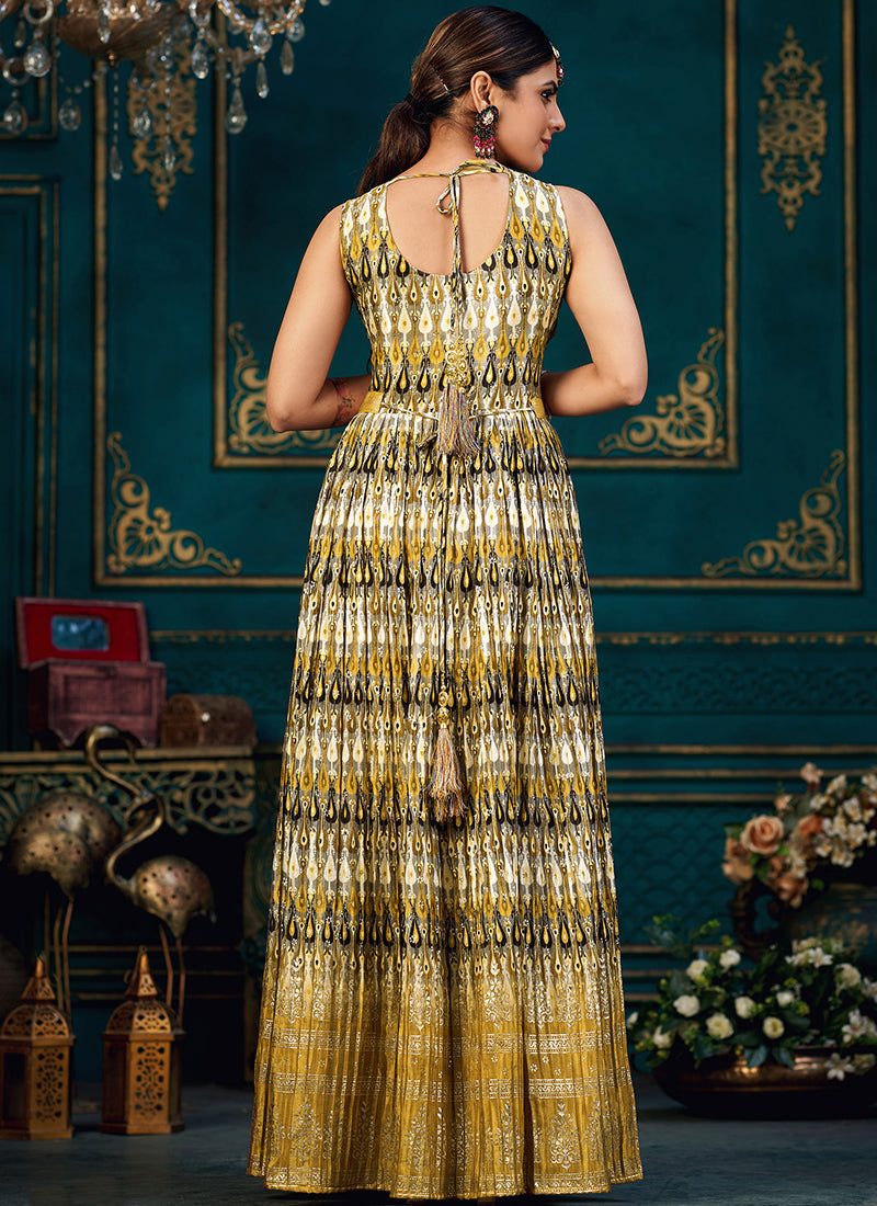 Golden Black Printed Traditional Anarkali Gown