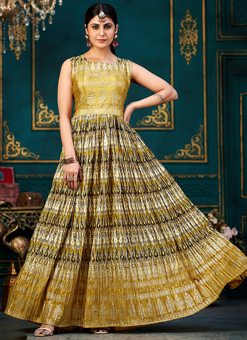 Golden Black Printed Traditional Anarkali Gown