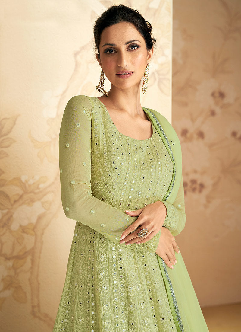 Lime Green Mirror Work Embroidered Festive Anarkali Suit