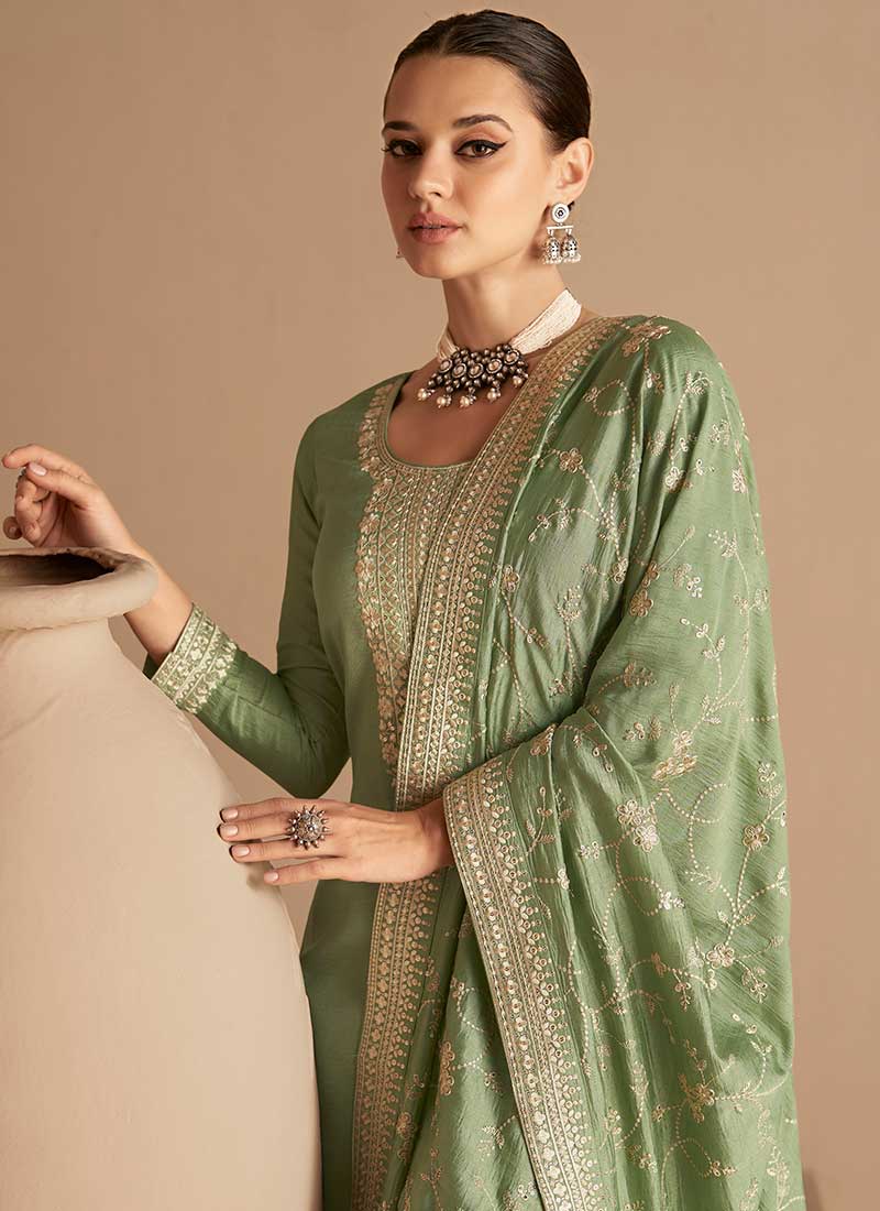 Olive Green Sequence Embroidery Salwar Kameez