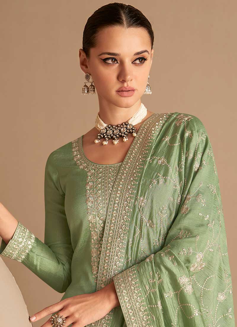 Olive Green Sequence Embroidery Salwar Kameez