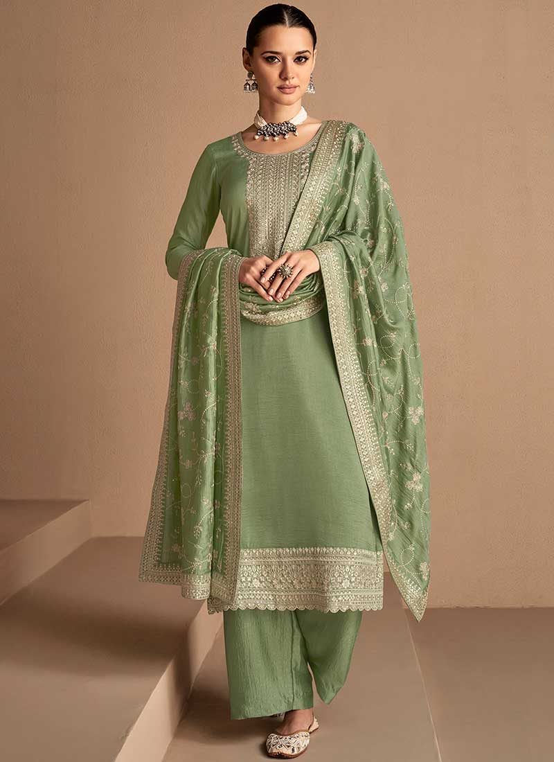 Olive Green Sequence Embroidery Salwar Kameez