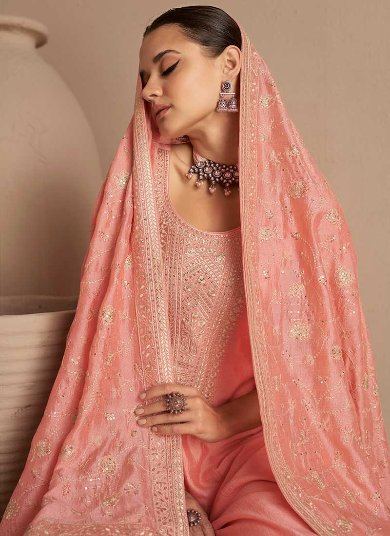 Peach Sequence Embroidery Salwar Kameez