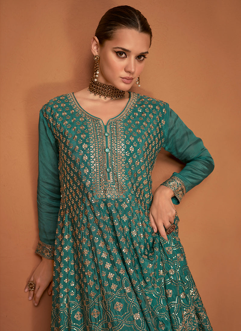 Turquoise Sequence Embroidery Sharara Style Suit